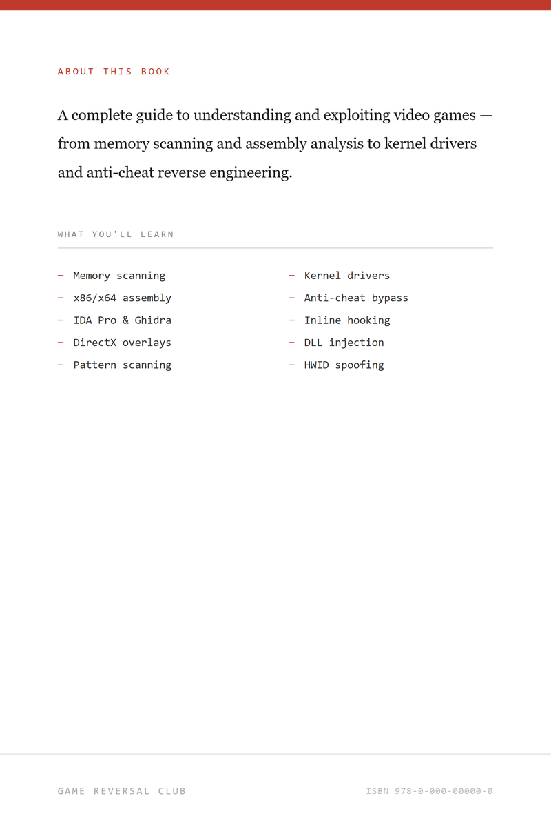 Back cover of The Game Hacker's Handbook, listing the topics it covers
